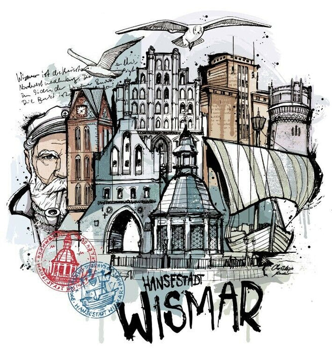 Illustration " Wismar" von Christoph Kadur | 32x32cm - INSELLIEBE Store - Insel Usedom
