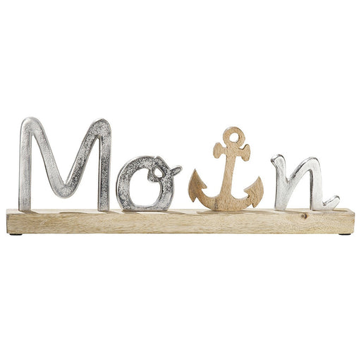 Schriftzug "Moin" auf Holzbase Schriftzug aus Aluminium, Sockel + Anker aus Mangoholz - INSELLIEBE Store - Insel Usedom