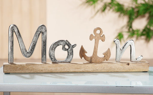 Schriftzug "Moin" auf Holzbase Schriftzug aus Aluminium, Sockel + Anker aus Mangoholz - INSELLIEBE Store - Insel Usedom